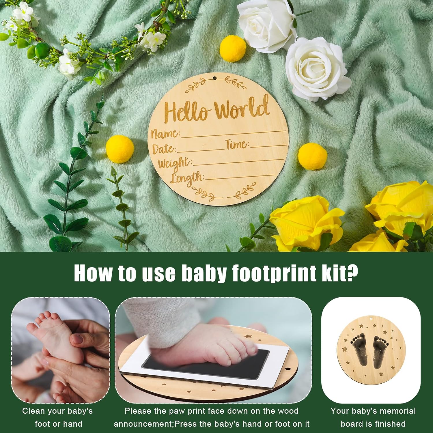 Baby Announcement Sign with Ink Pad, Hello World Newborn Sign