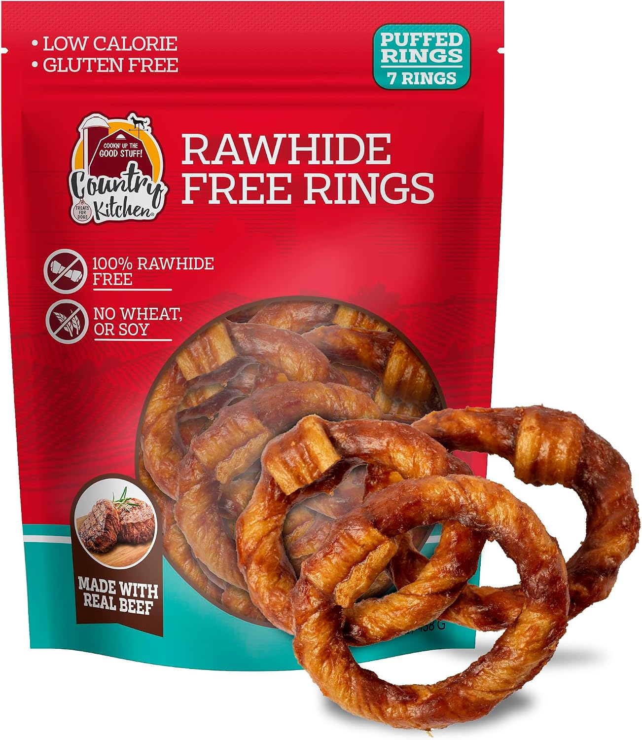 Country Kitchen Rawhide Free Beef Rings Dog Chews, 7 Count