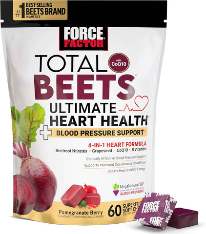 Force Factor Total Beets Ultimate Heart Health for Blood Pressure Support | with Beet Root Powder, CoQ10 for Nitric Oxide & Energy, Clinically Studied Ingredients, Pomegranate Berry, 60 Soft Chews