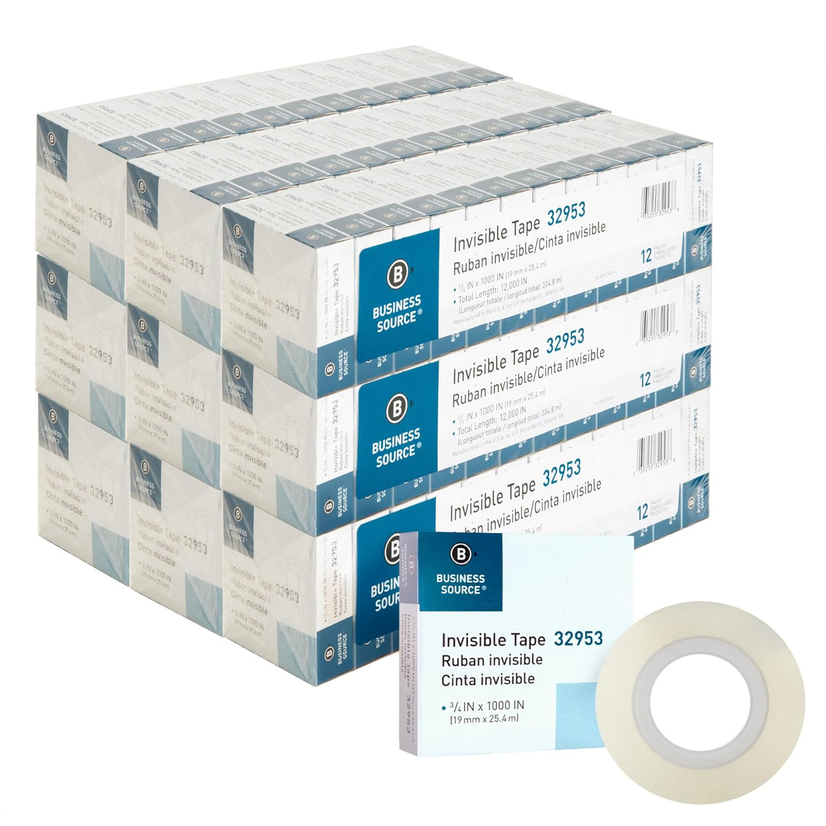 Business Source Premium Invisible Tape Refill Roll, 1" Core, 0.75" x 1000", 12 / Pack, 12 Packs/Carton (144 Total Rolls)