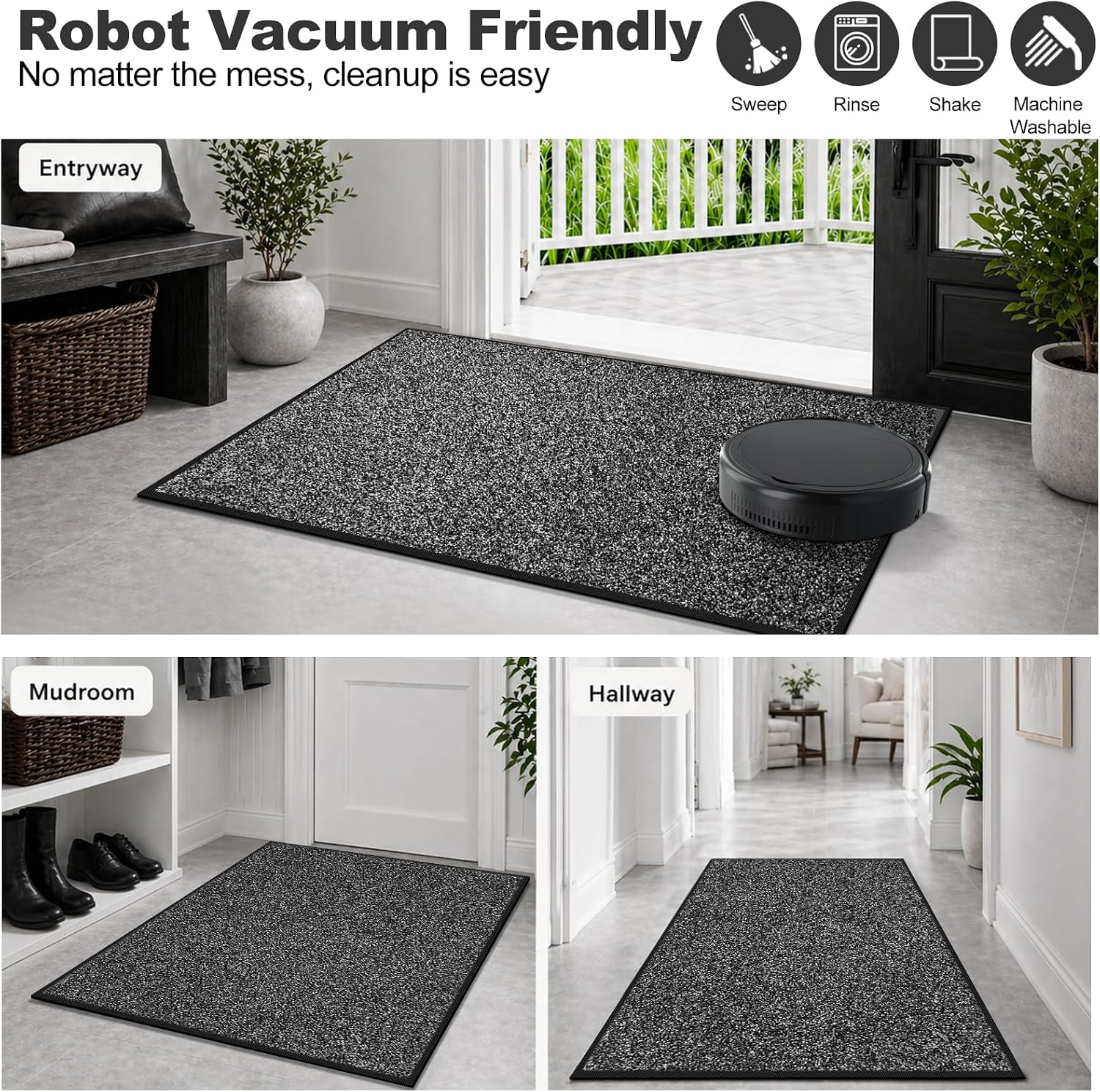 Mibao Super Absorbent Front Door Mat, 36" x 24", Non-Slip Washable Indoor Doormats, Low Profile Entryway Rug Outdoor, Dirt Resistant Welcome Mats for Front and Back Door Entrance, Grey