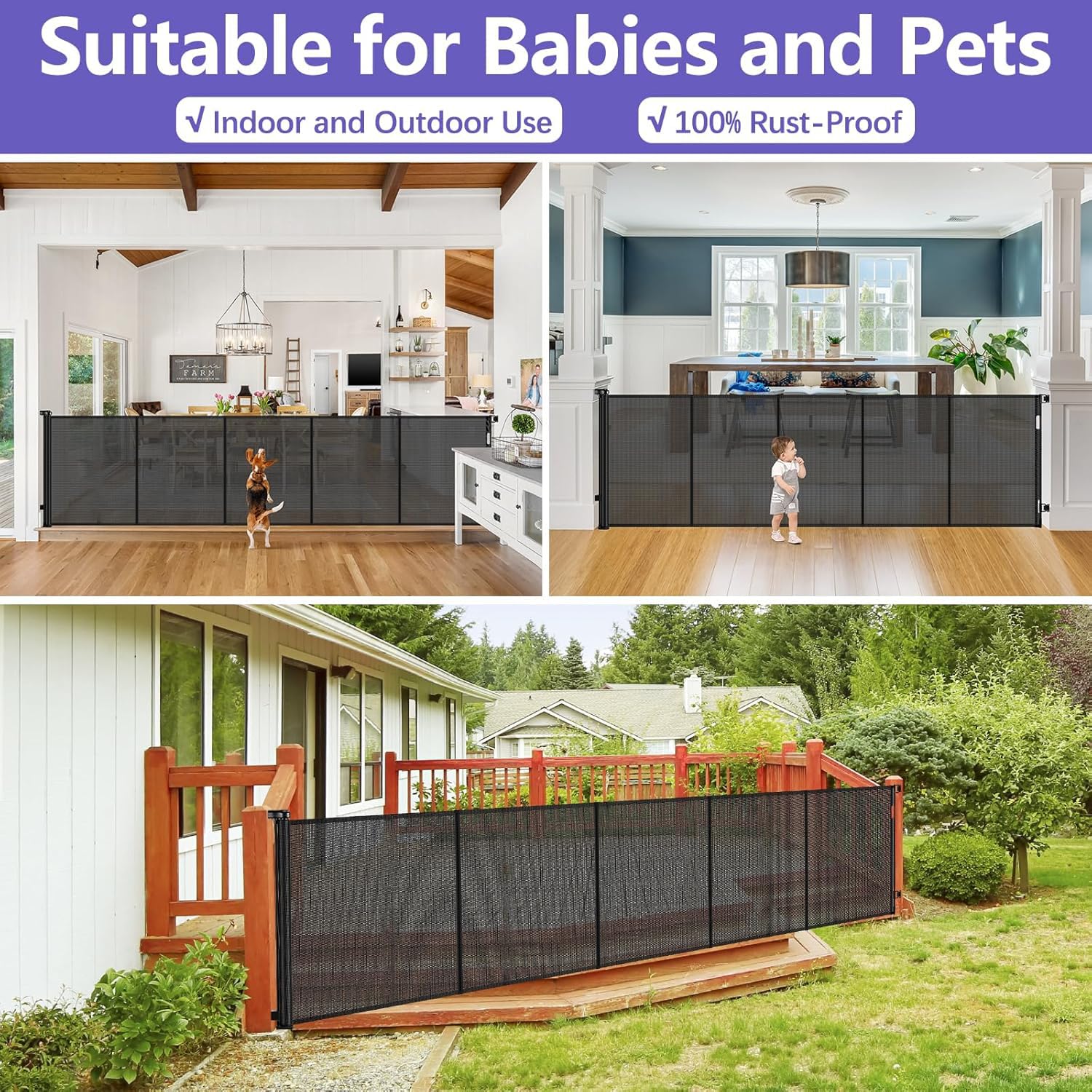 Reinforced 42" Tall 120" Wide Retractable Baby Gates for Large Openings