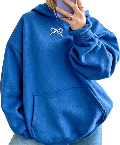 Pinclodly Hoodies for Teen Girls Long Sleeve Cute Sweatshirts Hooded Embroideried Bow Sweatshirt Preppy Clothes Fall Winter