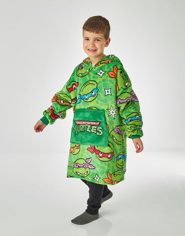 Teenage Mutant Ninja Turtles Boys Wearable Hooded Blanket | Green All Over Print Fleece Hoodie | Pullover Cartoon Loungewear