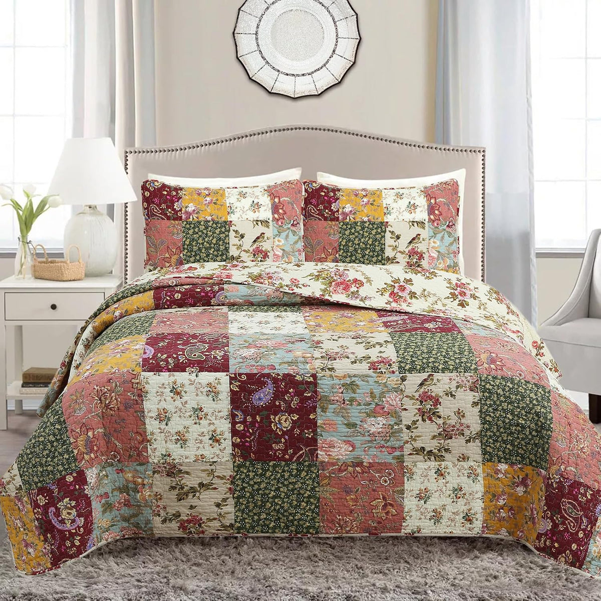 Cozy Line Home Fashions 100% Cotton Luxury Floral Paisley Burgundy Red Patchwork Reversible Quilt Bedding Set, Coverlet, Bedspread (Antique Chic, Queen - 3 Piece)