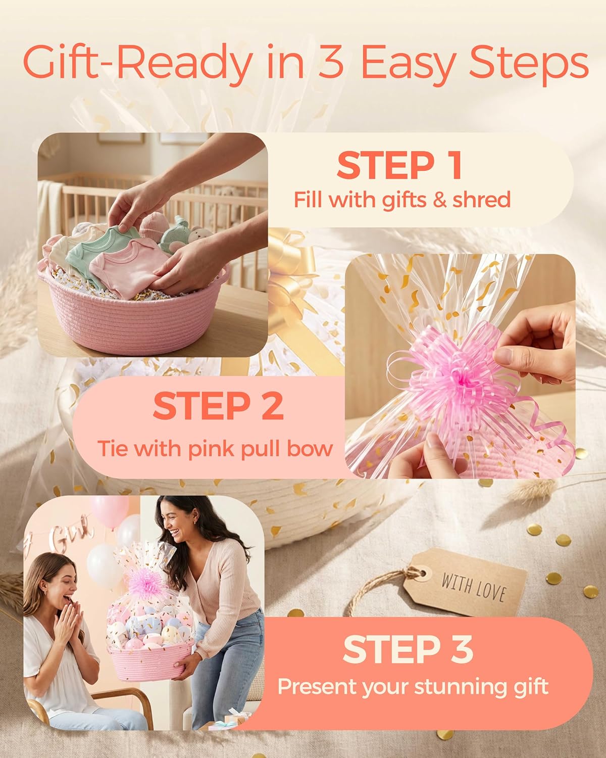SUNCOLOR Small Woven Pink Gift Basket Set, Cotton Rope Storage Basket 12x8x5 Inch with Cut Paper Shred Filler, Pull Bow and Cellophane Bag for Baby Shower, Birthday, Holidays