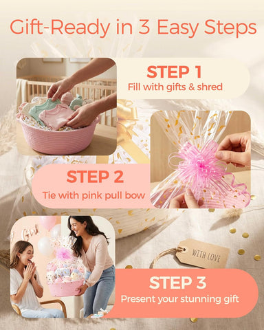 SUNCOLOR Small Woven Pink Gift Basket Set, Cotton Rope Storage Basket 12x8x5 Inch with Cut Paper Shred Filler, Pull Bow and Cellophane Bag for Baby Shower, Birthday, Holidays