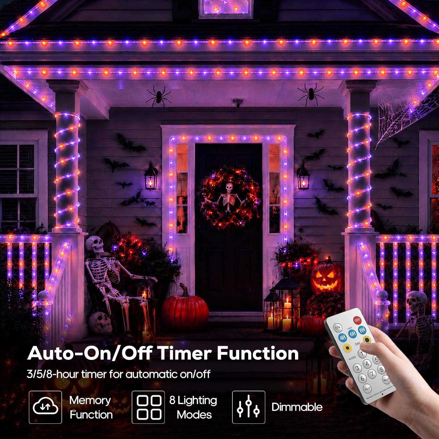 Halloween Decoration Solar Rope Lights 66FT 200LED 1800mAh -Purple & Orange