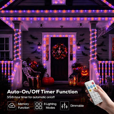 Halloween Decoration Solar Rope Lights 66FT 200LED 1800mAh -Purple & Orange