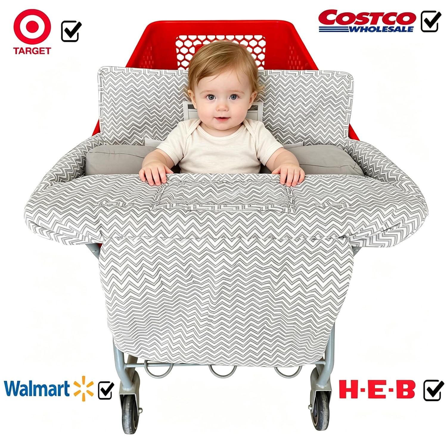 Love&go Soft Pillow Attached 2-in-1 Shopping Cart and High Chair Cover for Baby, Cotton Padded Cart Cover, Fold'n Roll Style, Portable with Carry Bag (Gray Chevron)