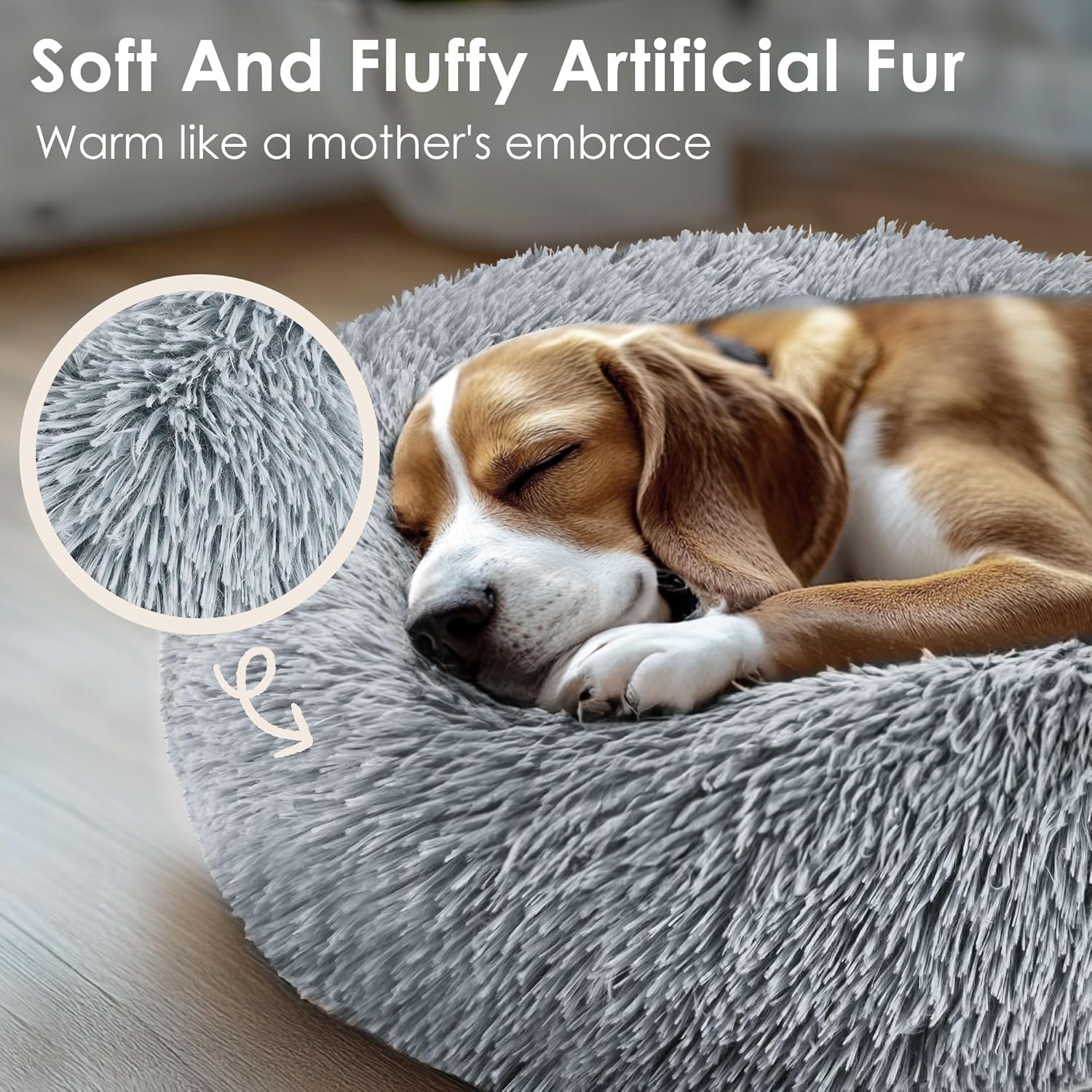 Dogs Bed for Small Dogs, Anti-Anxiety Washable Round Bed (24in Light Grey)