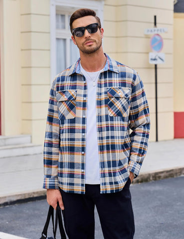 MAGCOMSEN Mens Flannel Shirts Long Sleeve Cotton Plaid Button Down Shirt