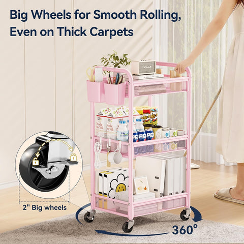 YASONIC 3 Tier Metal Rolling Cart, Pink Utility Storage Cart with Wheels