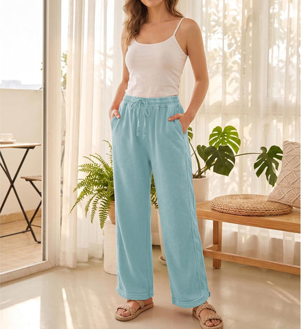 Hixiaohe Women's Casual Wide Leg Sweatpants High Waist Baggy Acid Wash Pants Drawstring Athletic Palazzo Pants with Pockets