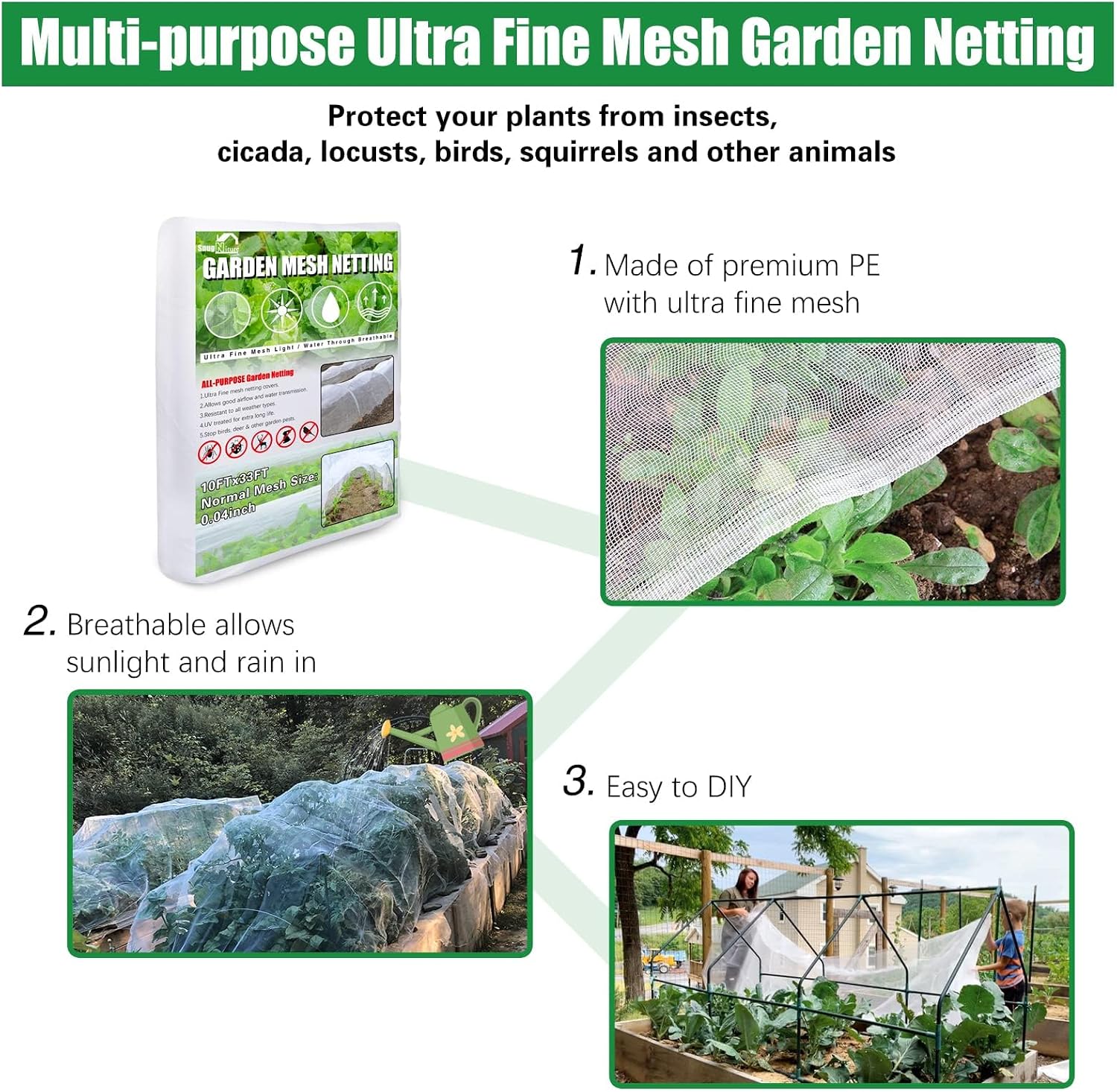 SnugNiture Garden Netting, Ultra Fine Mesh, 10x33 FT, White, 3 Pack