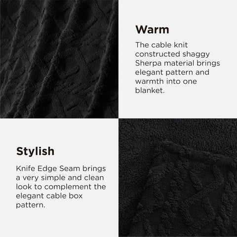 Bedsure Sherpa Fleece Blanket, Cable Jacquard Tufted, Warm, Black, King
