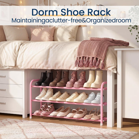 ENJOYBASICS 3 Tier Expandable Shoe Rack, Metal Small Shoes Shelf, Pink