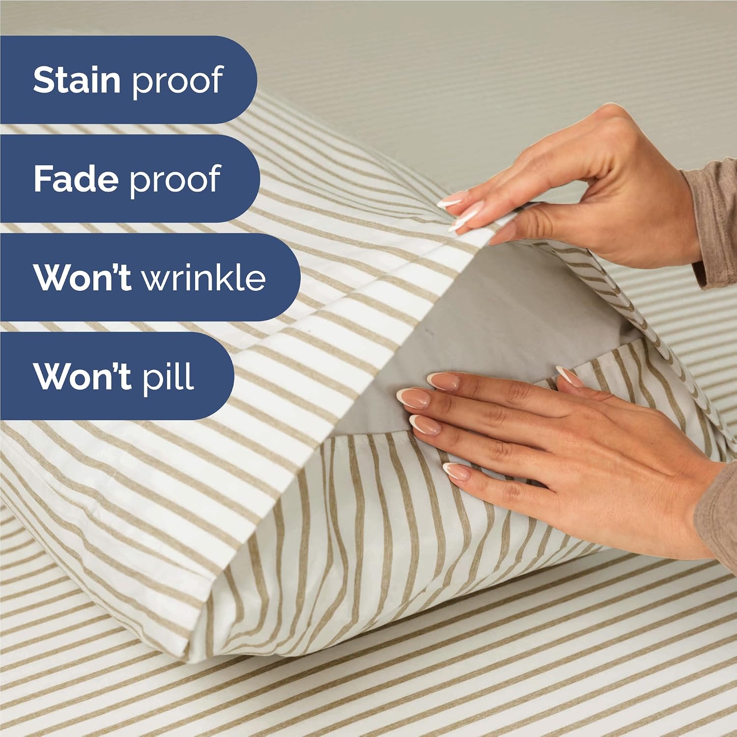 Full Size 4 Piece Sheet Set - Breathable & Cooling Sheets - Beige Stripes