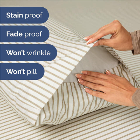 Full Size 4 Piece Sheet Set - Breathable & Cooling Sheets - Beige Stripes