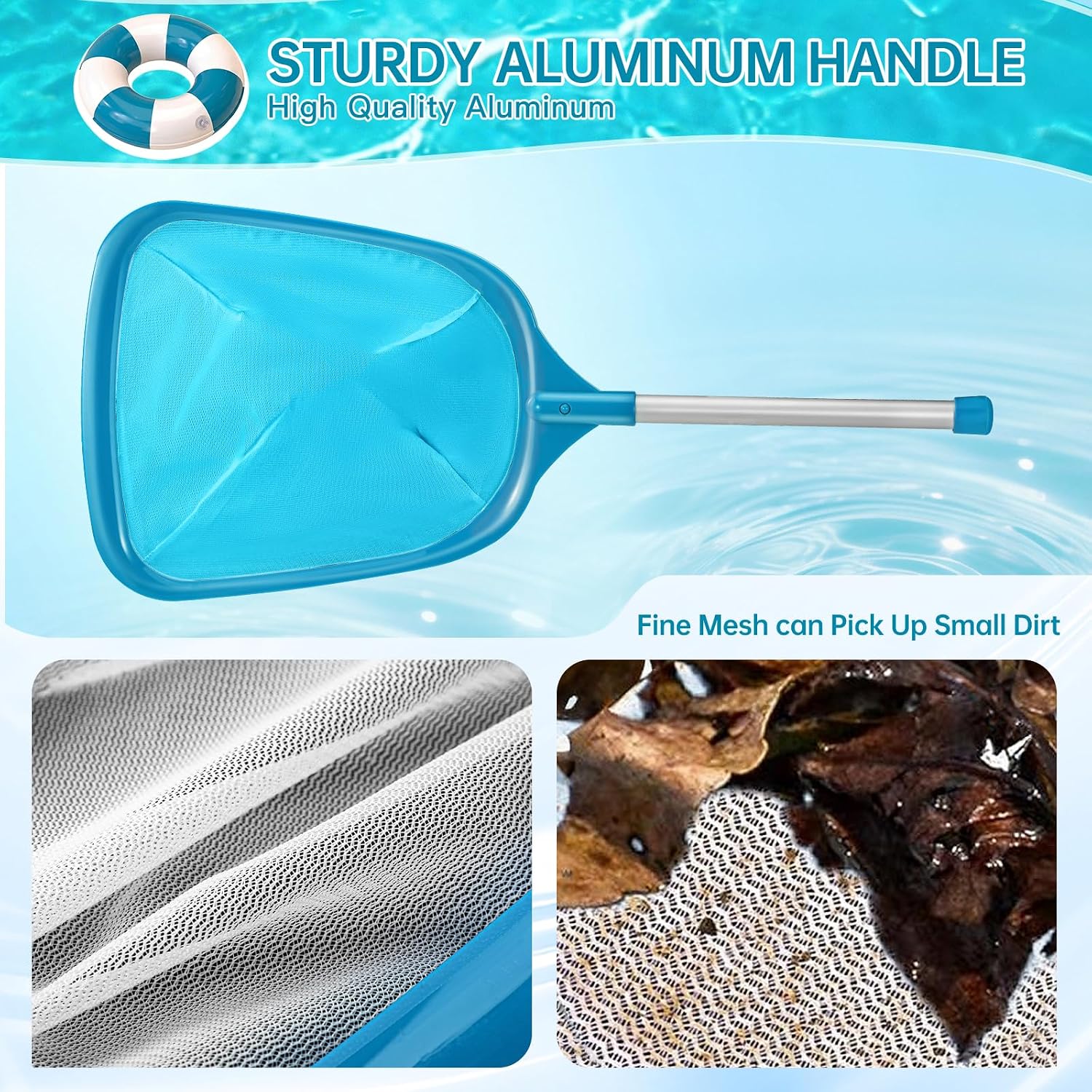 Pool Net, Professional Swimming Pool & Hot Tub Skimmer Net Accessories, Pool Leaf Rake Cleaning Tool with Pole, Fine Nylon Mesh Bag, Easy to Clean Bugs,Leaves,Debris(Blue)