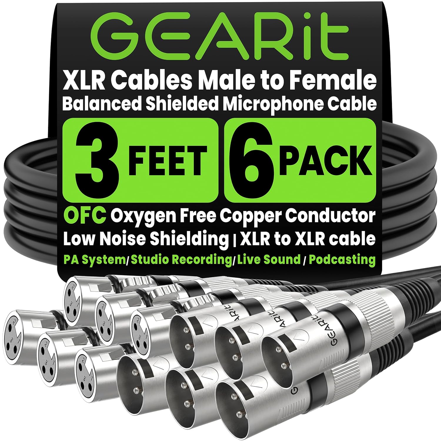 GEARit 22AWG OFC XLR Cables 3 FT 6-Pack Male to Female for Studio Recording