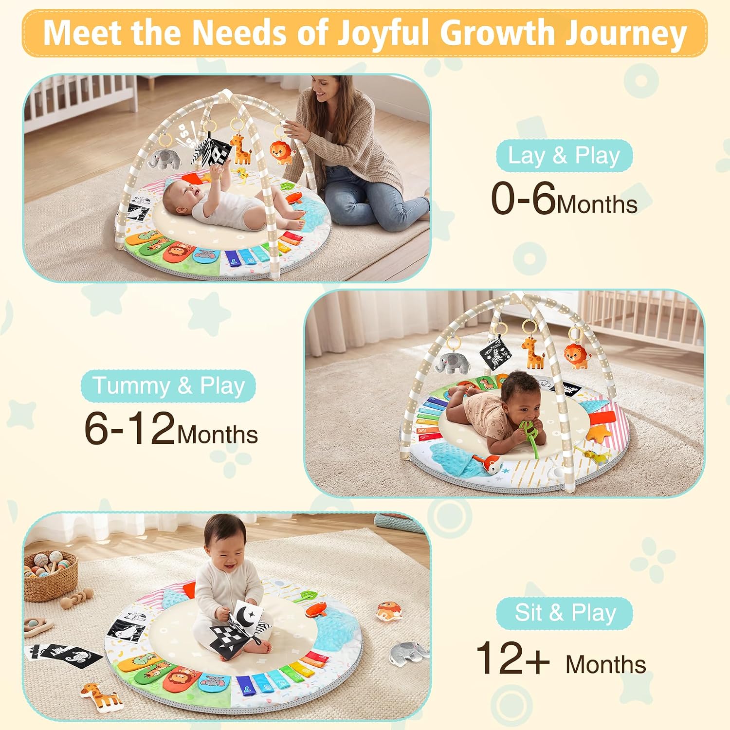 URMYWO Baby Play Gym Mat Tummy Time Mat with 5 Sensory Toys for 0-18 Months