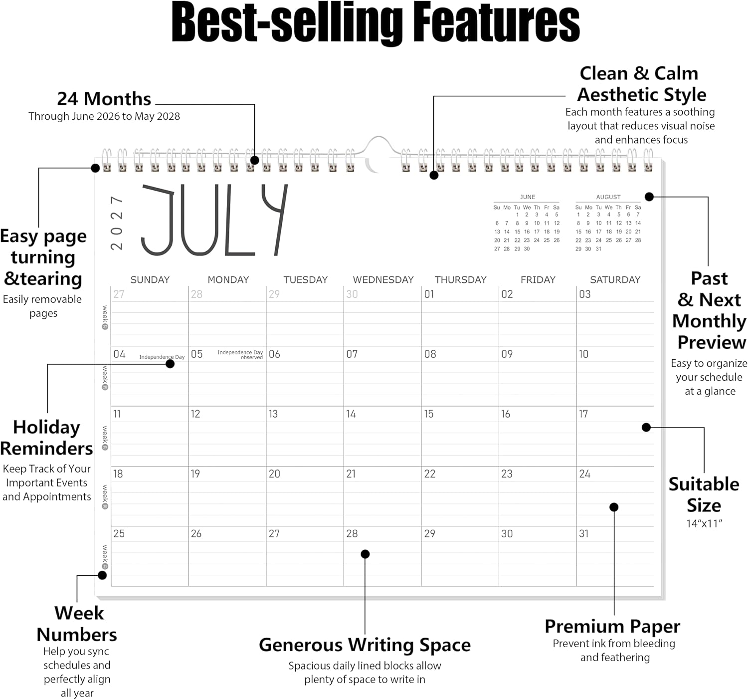 GuassLee Wall Calendar 2026-2028, 24 Months (Jun 2026-May 2028), 14"x11"