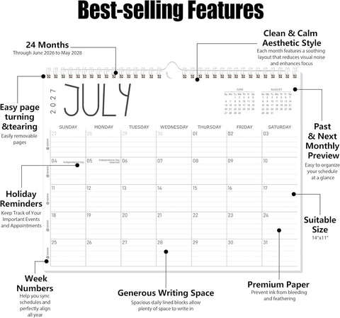 GuassLee Wall Calendar 2026-2028, 24 Months (Jun 2026-May 2028), 14"x11"