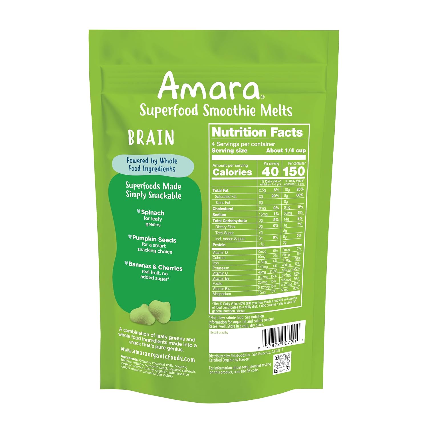 Amara Organic Sweet Greens & Banana Brain Blend Superfood Smoothie Melts