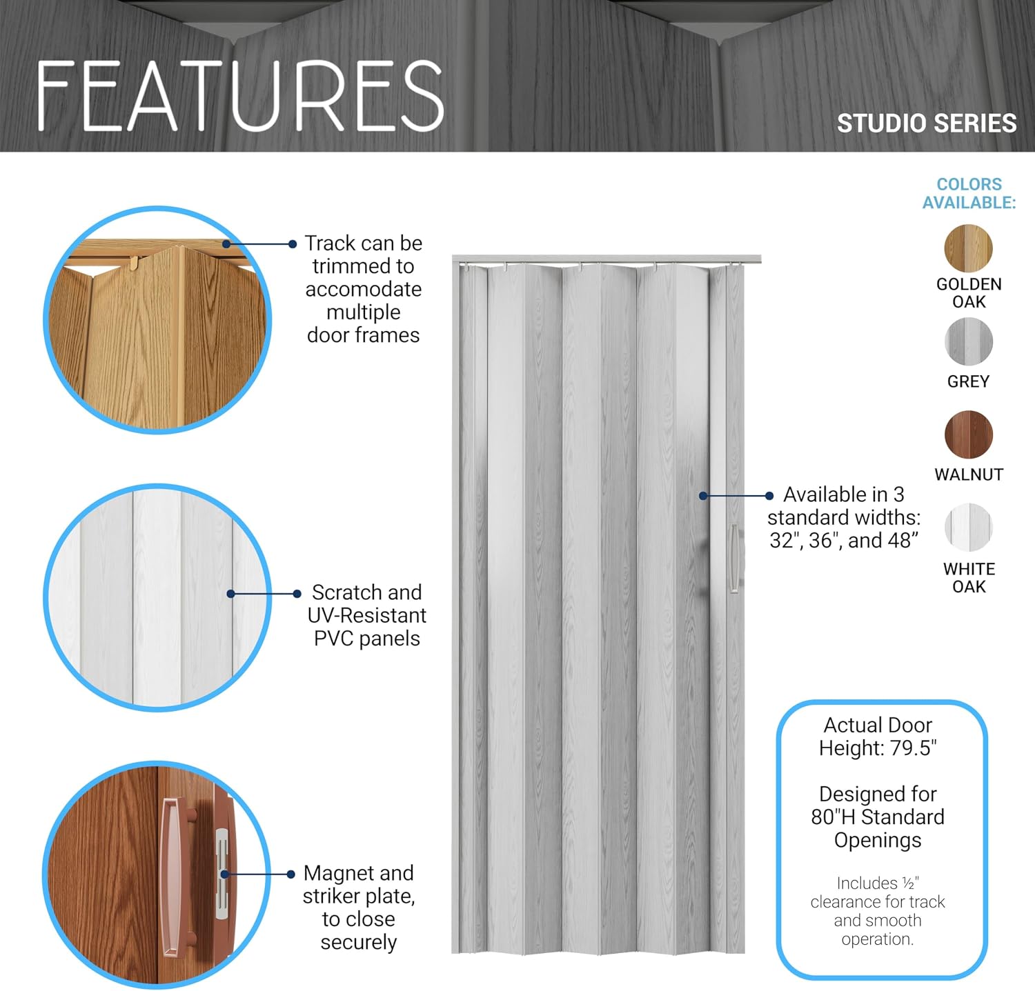 Studio Series 48" x 80" PVC Foldable Accordion Door, Walnut