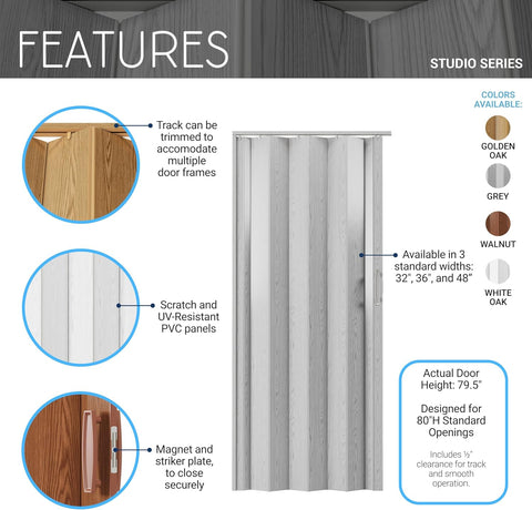 Studio Series 48" x 80" PVC Foldable Accordion Door, Walnut