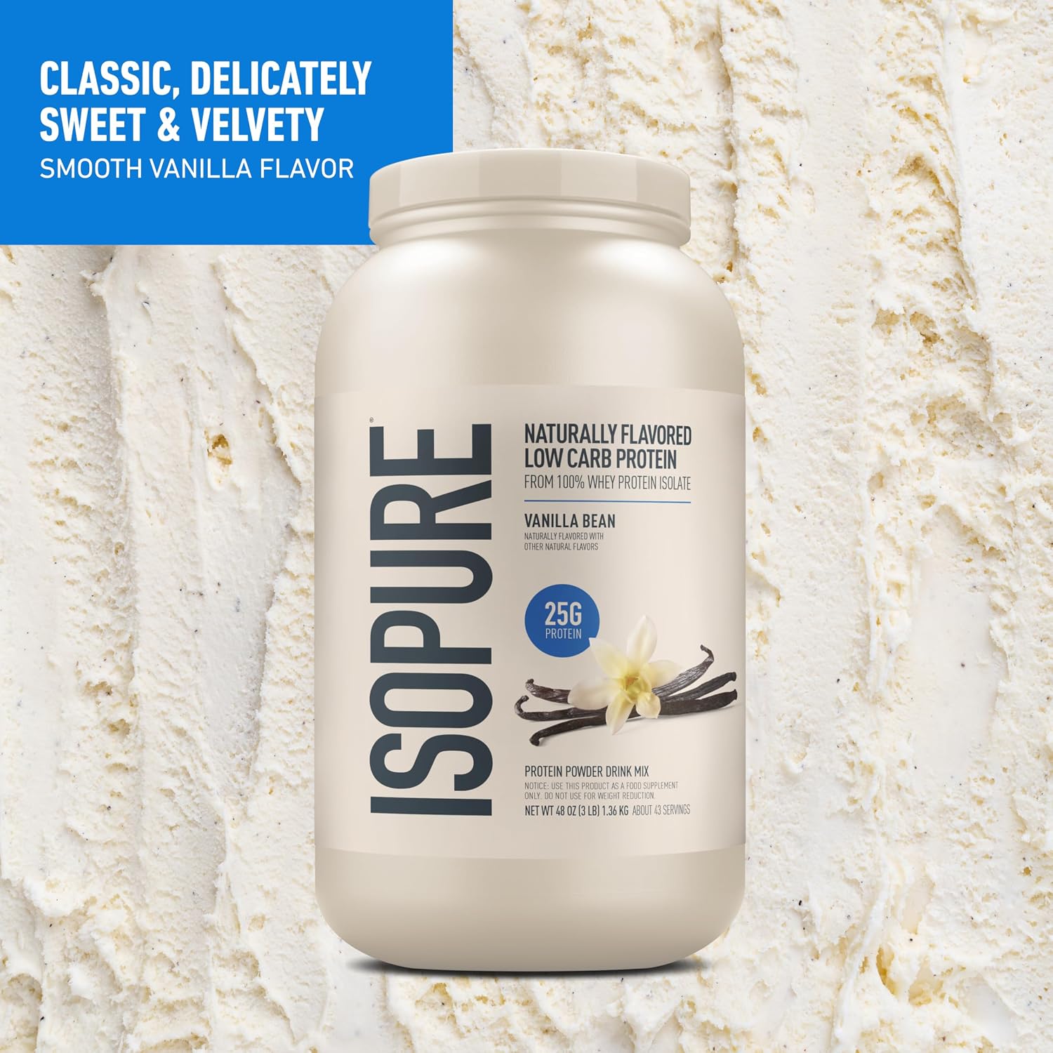 Isopure Low Carb Natural Whey Isolate Protein Powder, Vanilla Bean 3 LB