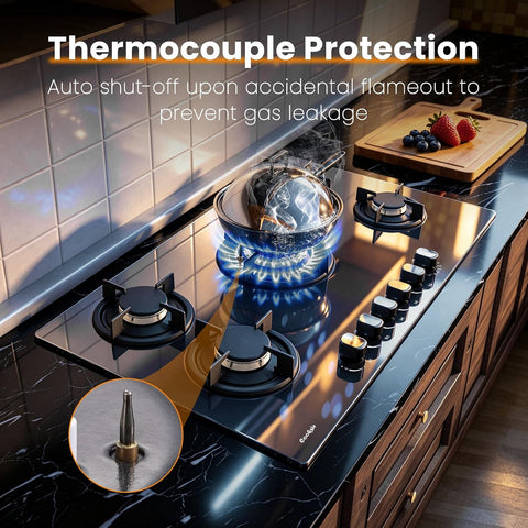 36 Inch Gas Cooktop - 5 Burner Built-in Glass Propane Stove, Indoor Gas Cooktop NG/LPG Convertible with Thermocouple Protection, Suitable for Kitchen, Apartment, RV, 110-120V Plug in