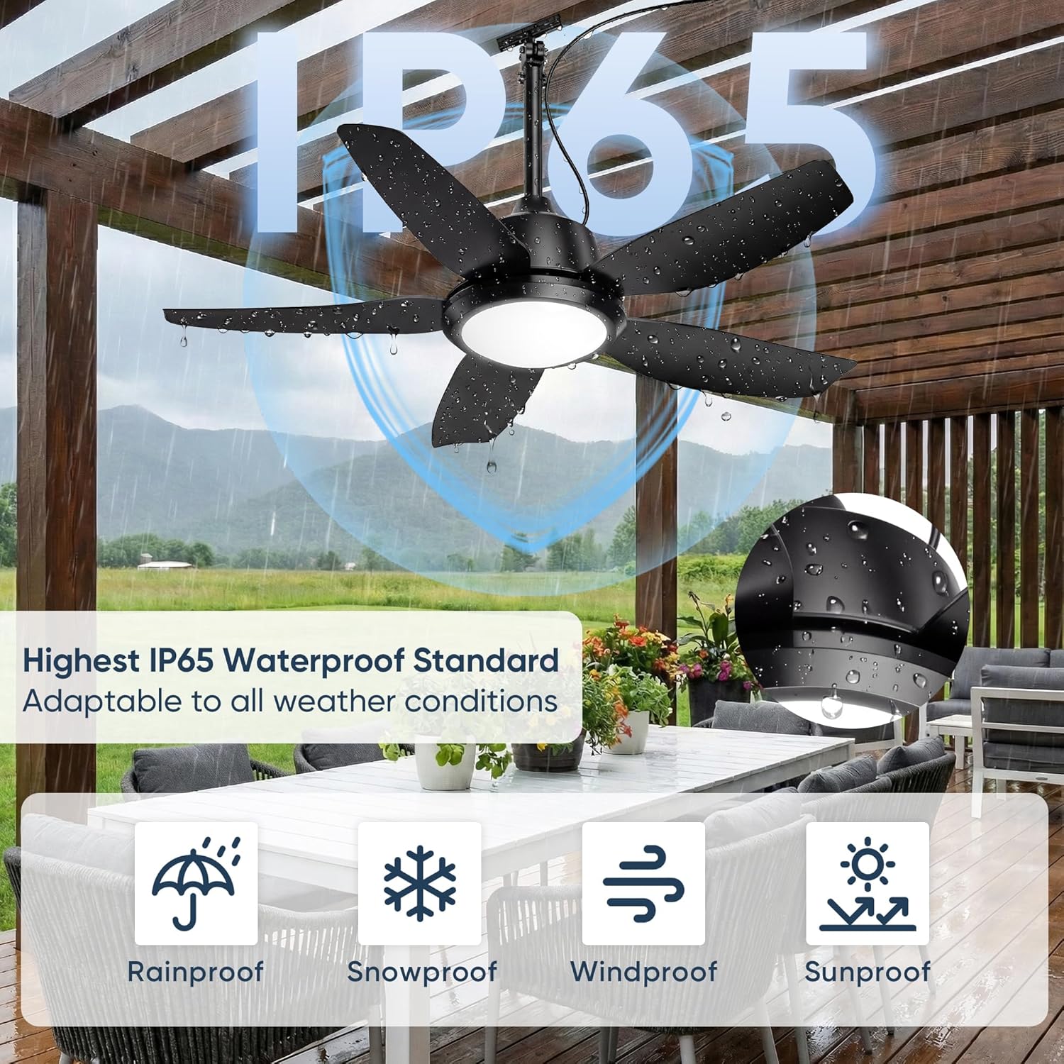 42 Inch Outdoor Ceiling Fan with Lights, IP65 Waterproof, APP & Remote Control, Dimmable 3CCT LED, 6-Speed Quiet DC Motor, Hanging Gazebo Fan Black Plug in Ceiling Fan with Cord for Patios Porch