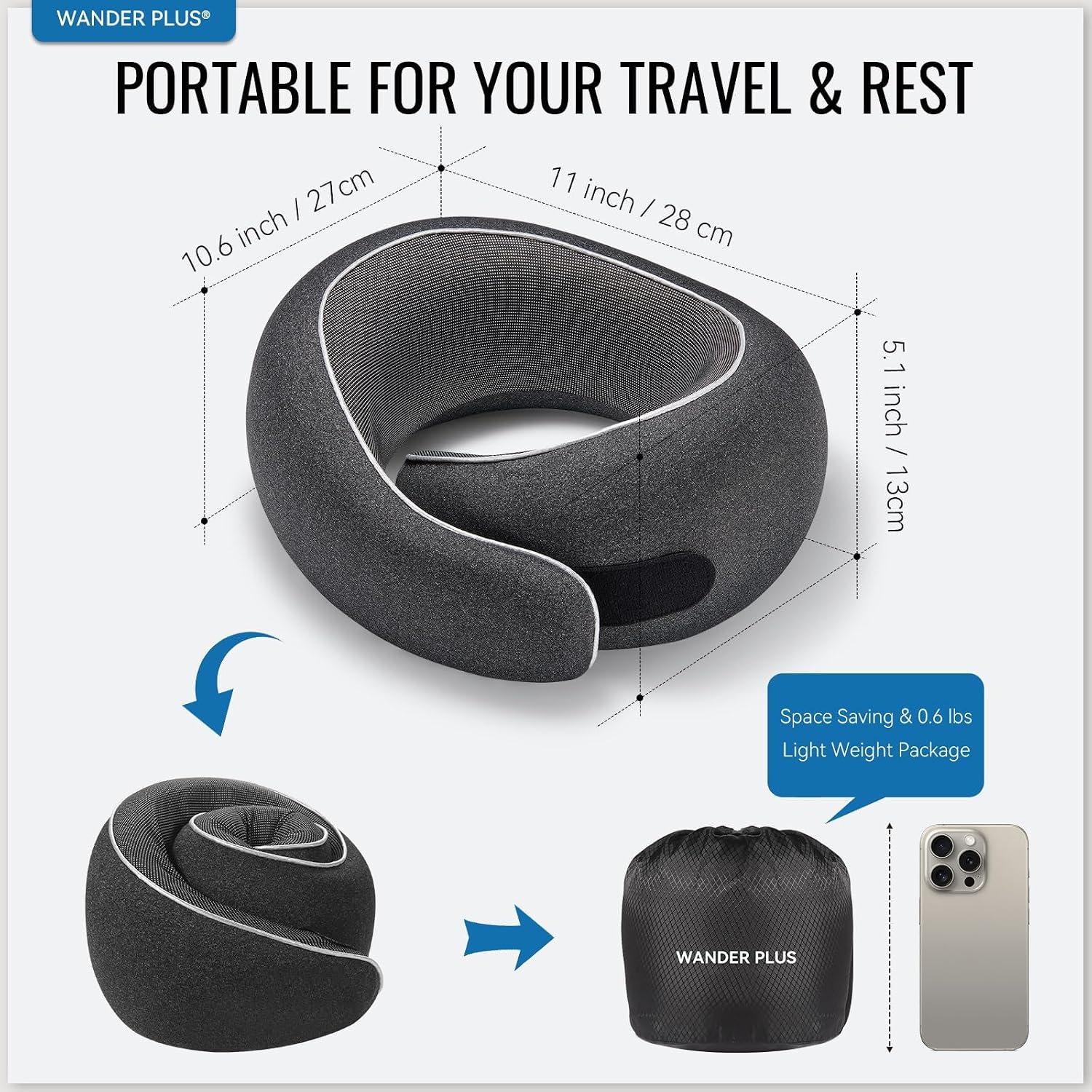 Wander+®Travel Neck Pillow, Pure Memory Foam Neck Pillow for Airplanes, Comfortable Breathable Cover, 360 Degree Support Ergonomic Design Best for Sleeping Plane Train Travel Essentials Max Black