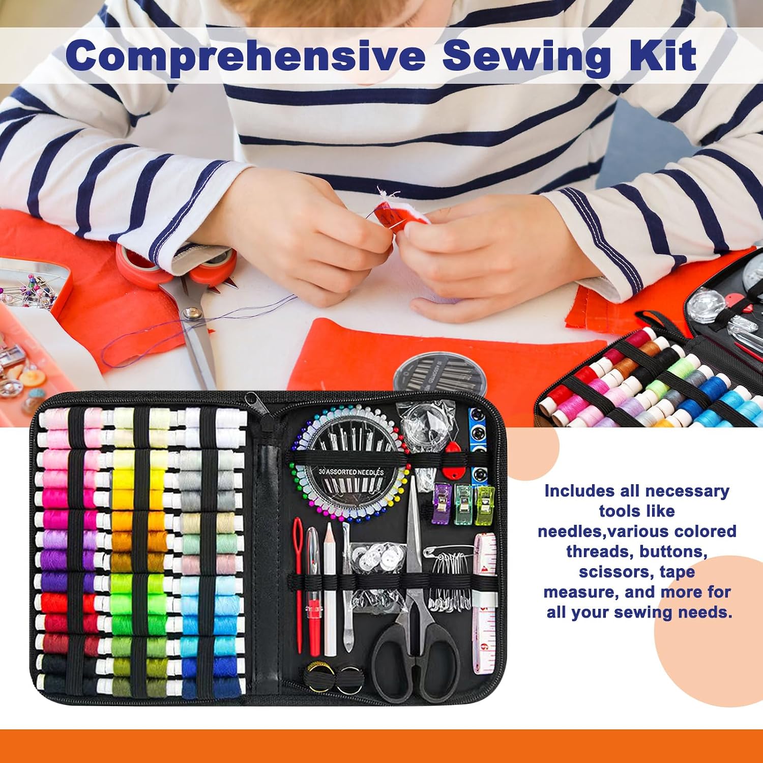 JUNING Sewing Kit with Black Case Portable Sewing Supplies for for Mom Grandma Women Men Teen Girls Boys Adults Beginner, Home Travel, Emergency, 42 Threads, Scissors, Needles, Measuring Tape and More