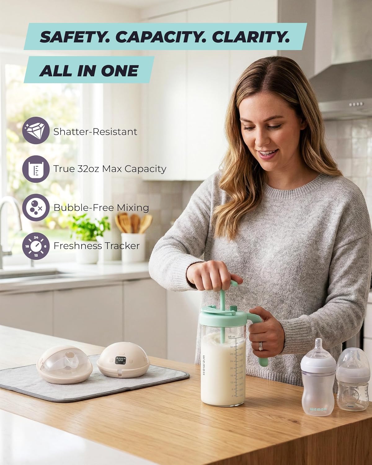 Borosilicate Glass Breast Milk Pitcher with Upgraded Mixer, 32oz