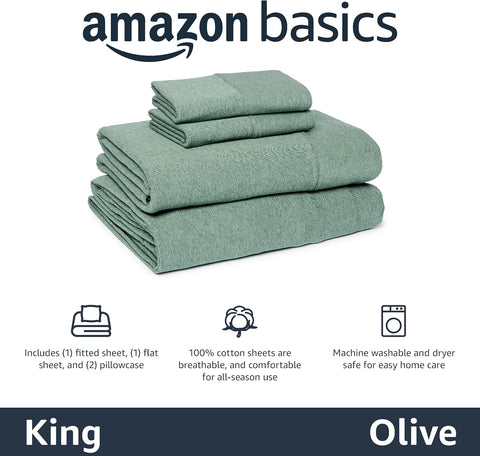 Amazon Basics 100% Cotton Breathable Jersey Bed Sheet Set, Machine Washable, All-Season, King, Olive (Melange)
