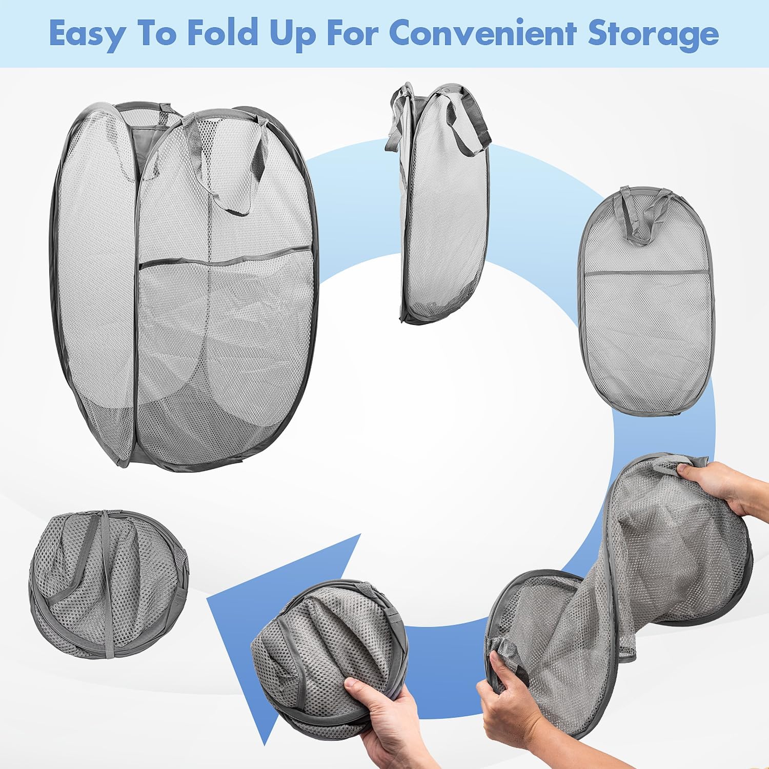 2 Pack Pop Up Laundry Hampers, 70 L Collapsible Foldable Mesh Basket, Gray