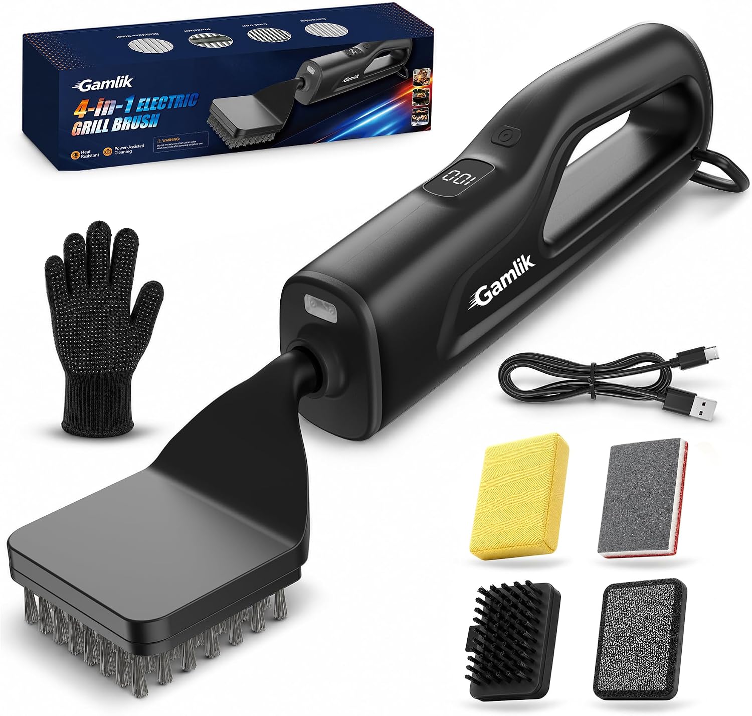 Electric Grill Brush with LED Light, Grill Cleaner for Outdoor Grill（Black）