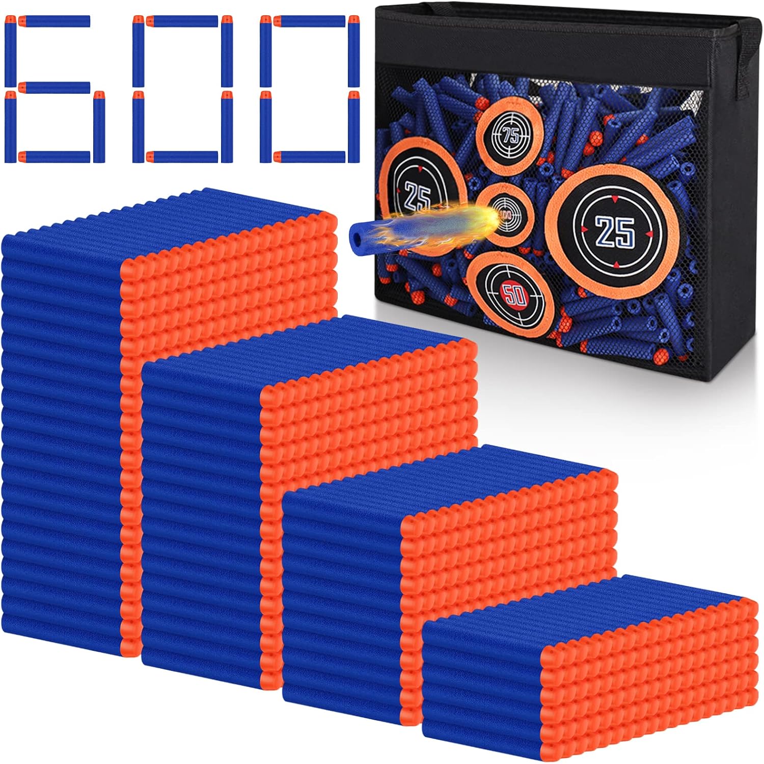 Pokiiulk 600PCS Refill Bullets Fit for Nerf Guns N-Strike Elite Series Blasters Toy Guns Darts with Portable Shooting Practice Target Toy Storage Mesh Bag