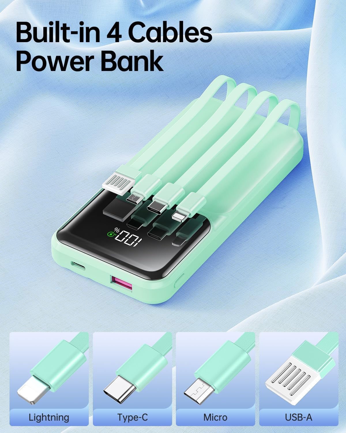 Portable Charger Power Bank with Built in Cable 20000mAh Fast Charging