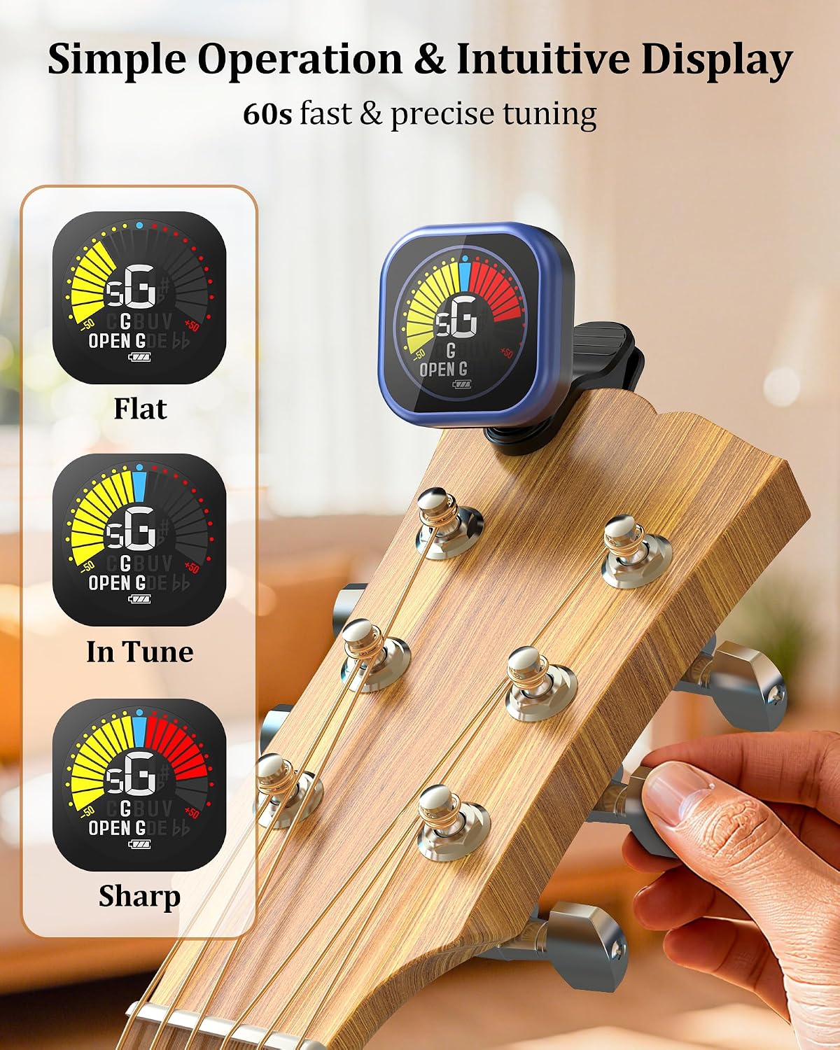 New Bee Guitar Tuner Clip-On Rechargeable with Color Screen 360° Rotatable Acoustic Chromatic Open Tuning for Guitar, Bass, Ukulele, Violin (Blue, 1 Pack)