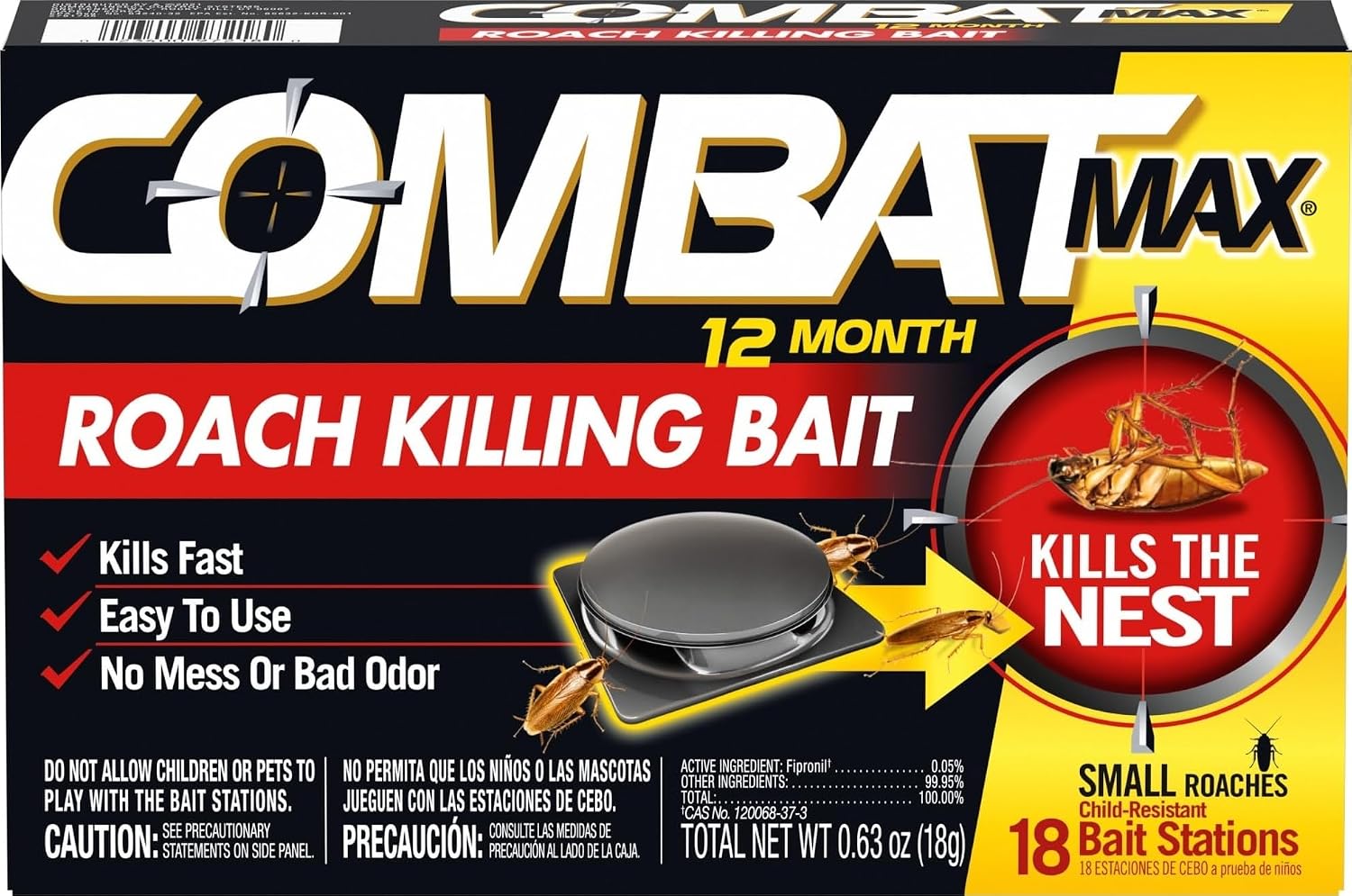 Combat Max 12 Month Roach Killing Bait, Small Roaches, Kill Nest, 18 Count