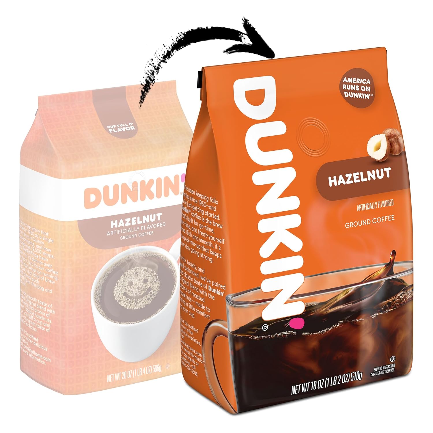 Dunkin' Hazelnut Flavored Medium Roast Ground Coffee, 18 oz Bags (6 Pack)
