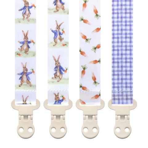 Stadela Baby Pacifier Clip Holder - Boy and Girl Unisex 4 Pack Gift Set – Neutral Vintage Rabbits and Carrots Beige Blue Brown Peter