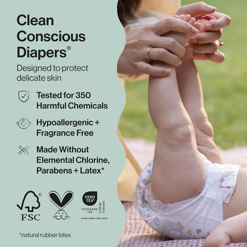 The Honest Company Clean Conscious Diapers for Delicate Skin | Up to 100% Leakproof | Hypoallergenic, Fragrance Free | Winter '25 Limited Edition Prints | Club Box, Size 3 (16-28 lbs), 62 Count