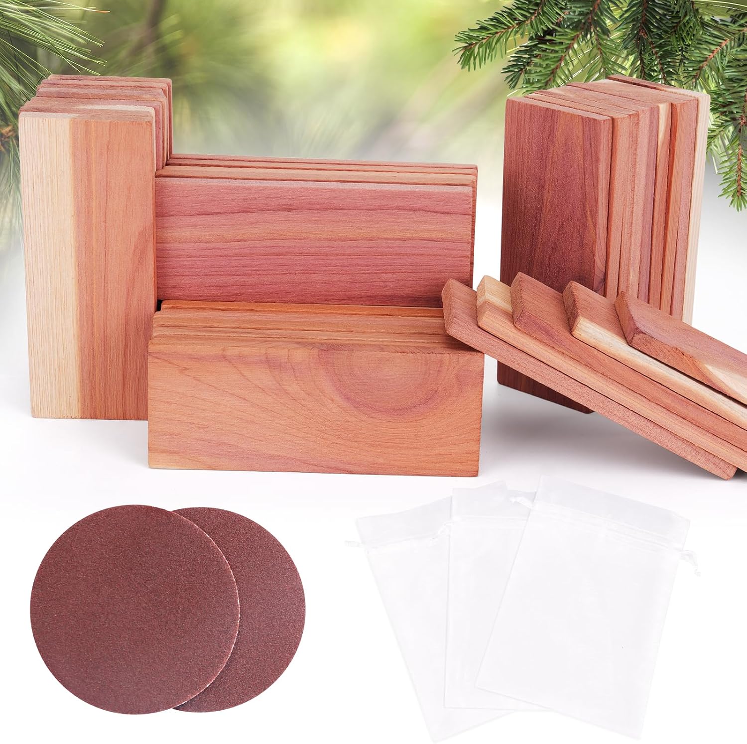 Woodever 40 Pack Cedar Planks for Clothes Storage, 100% Natural Aromatic Cedar Wood Pieces for Closets and Drawers, with Sandpaper and Sachets