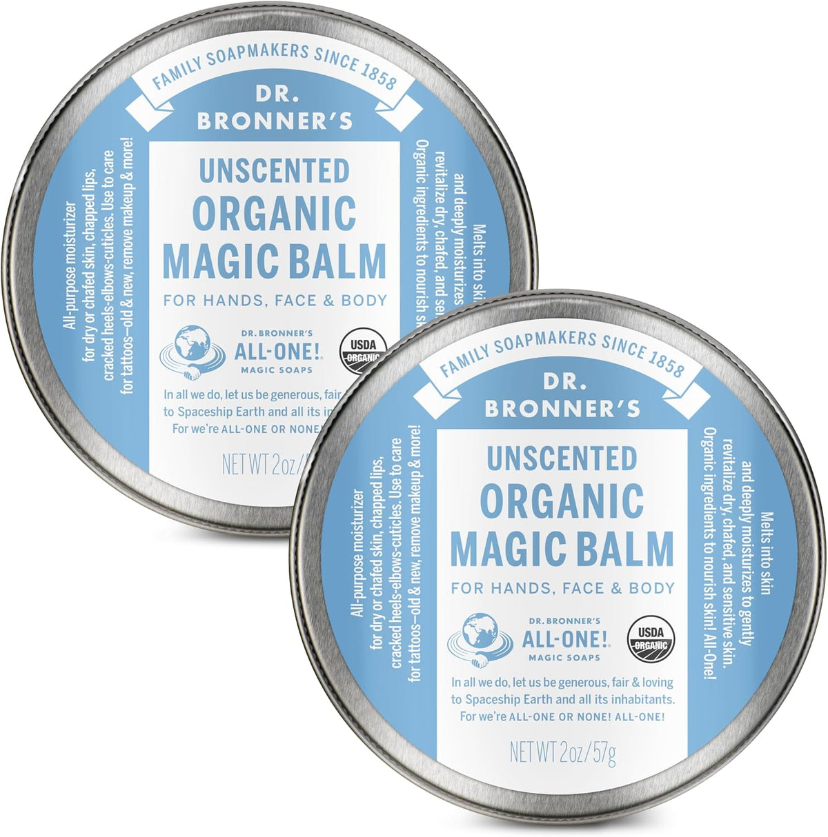 Dr. Bronner's - Organic Magic Balm - Baby Unscented, Made with Organic Beeswax & Hemp Oil, Moisturizes & Soothes Hands, Face & Body (2 oz, 2-Pack)