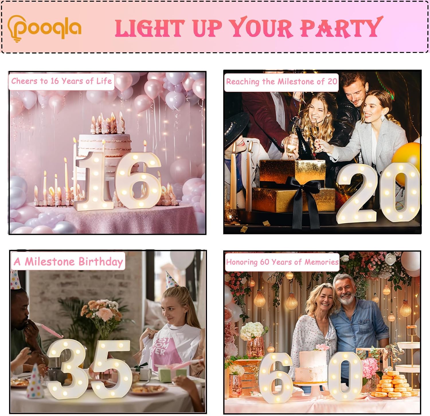 Pooqla Decorative LED Light Up Number Letters, White Plastic Marquee Number Lights Sign for 80th Birthday Party Wedding Decor, Battery Operated (80)